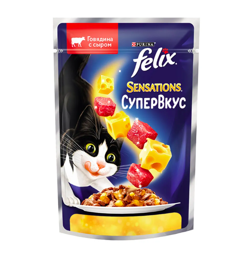 

Влажный корм для кошек Felix Sensations Супер вкус с говядиной и сыром 9 шт по 75 г, Sensations