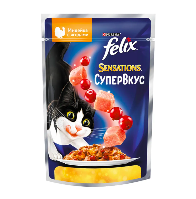 Влажный корм для кошек Felix Sensations Супер вкус с индейкой и ягодами 12 шт по 75 г