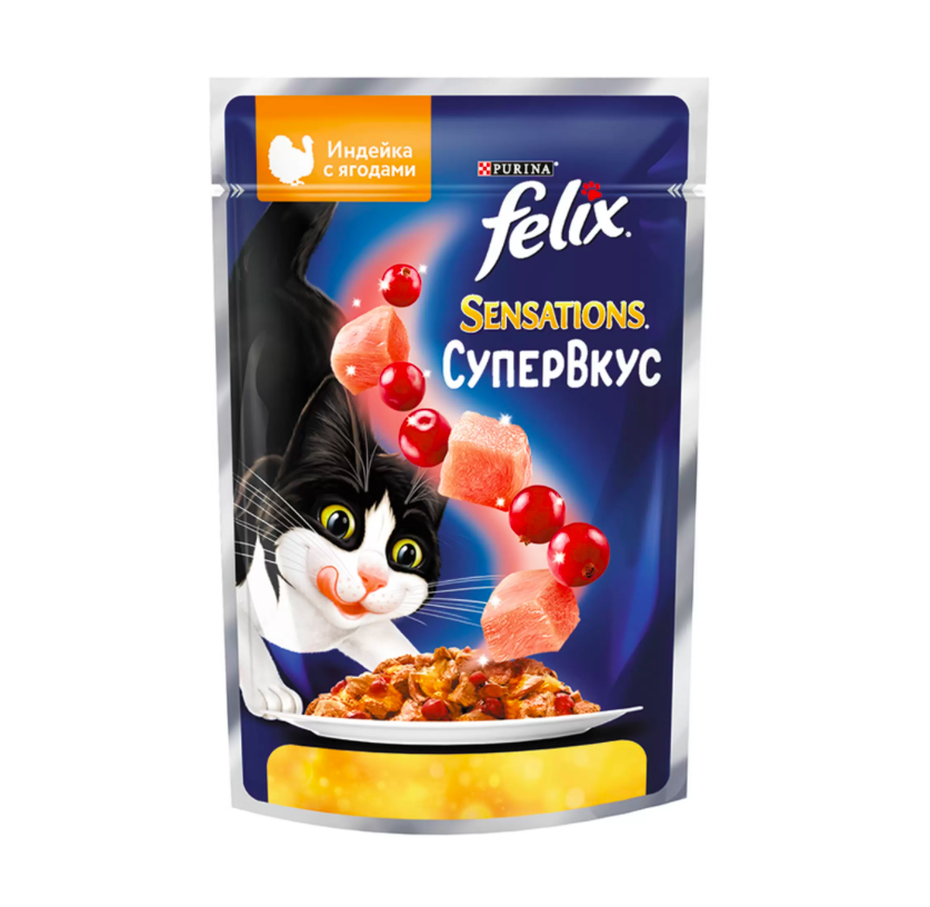 Влажный корм для кошек Felix Sensations Супер вкус с индейкой и ягодами 6 шт по 75 г