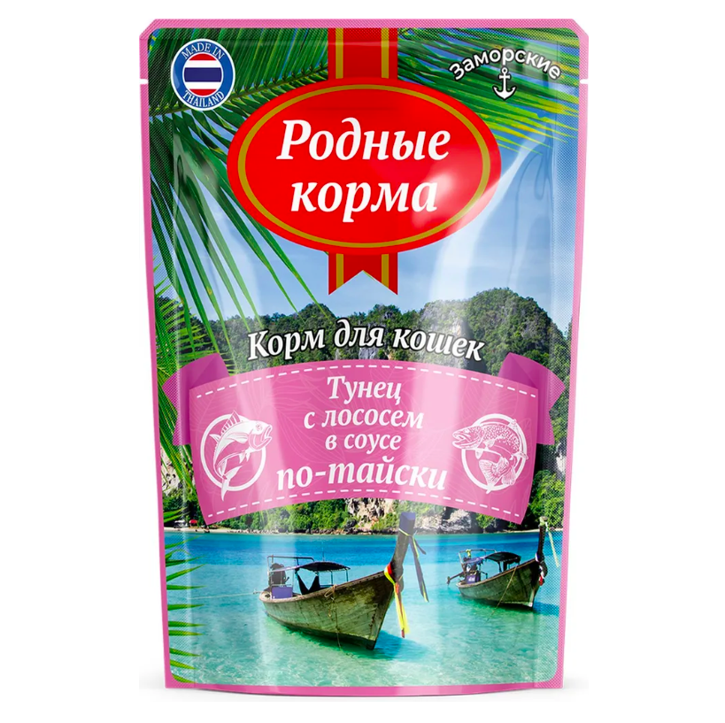 

Влажный корм для кошек Родные корма тунец с лососем в соусе по-тайски, 3 шт по 70 г, тунец с лососем в соусе по-тайски