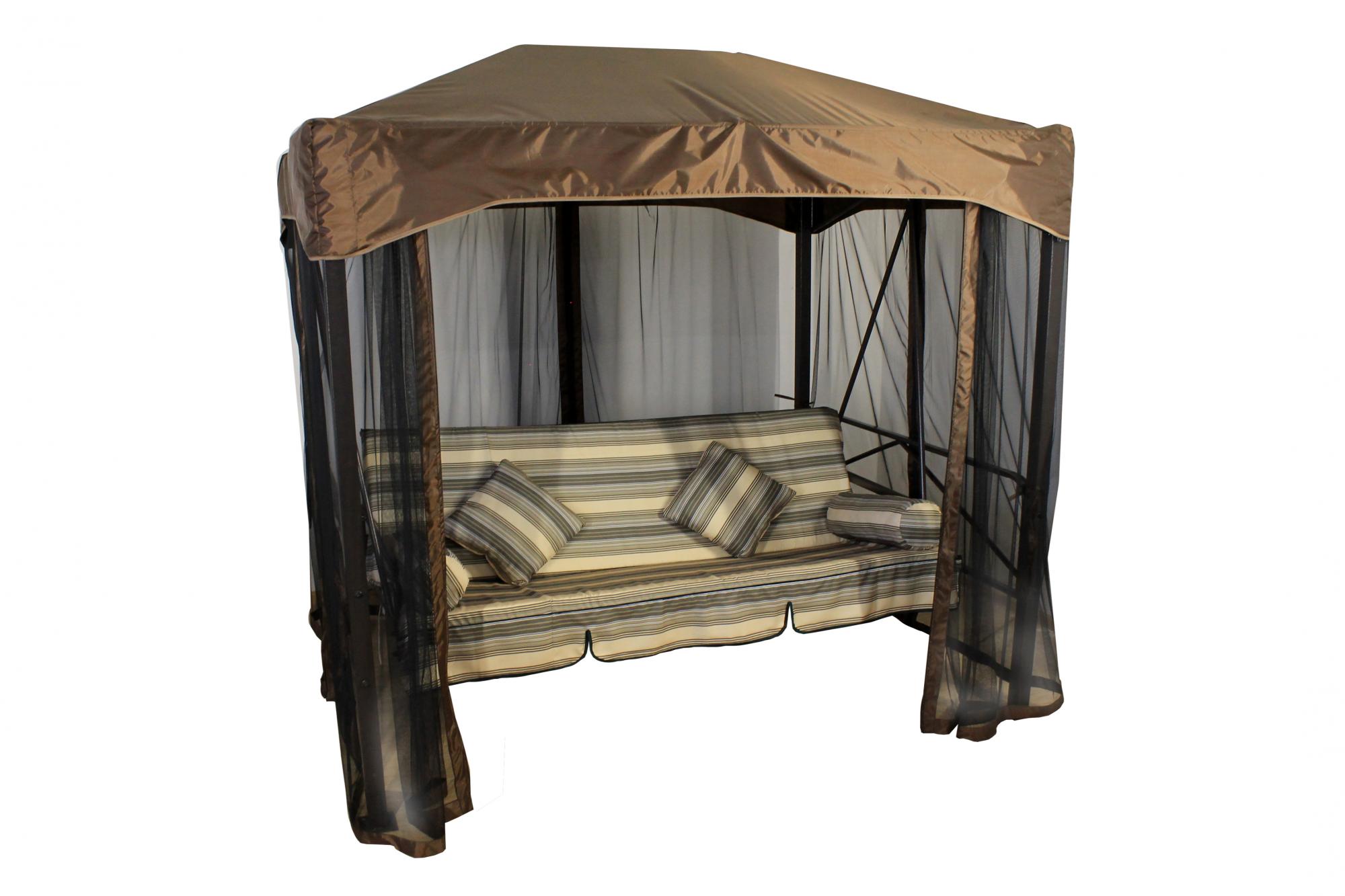 фото Качели-шатер 4-х местные мебельторг монреаль каркас коричневый коричневый,бежевый рис.поло