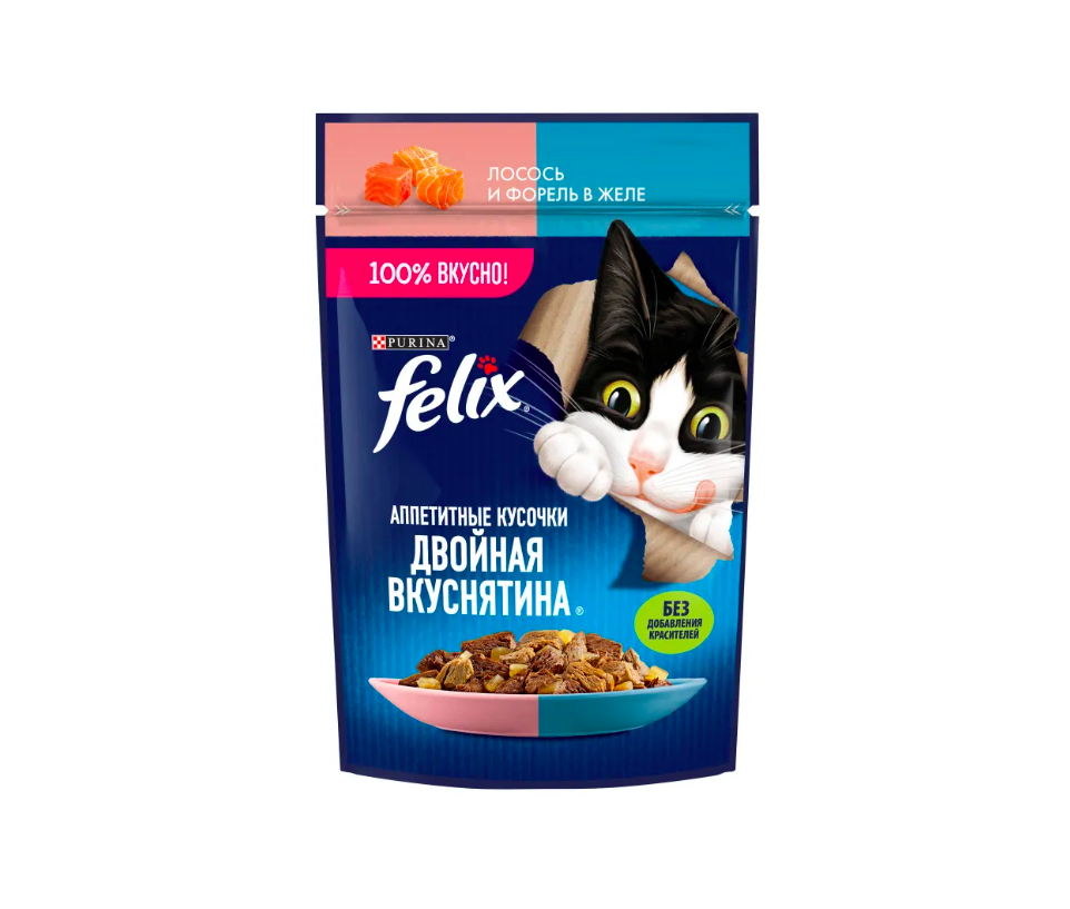 

Влажный корм для кошек Felix Двойная Вкуснятина в желе с лососем и форелью 9 шт по 75 г, двойная вкуснятина