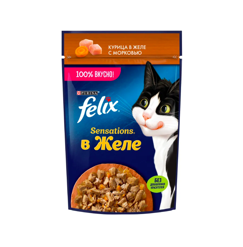 Влажный корм для кошек Felix Sensations с курицей и морковью в желе 12 шт по 75 г