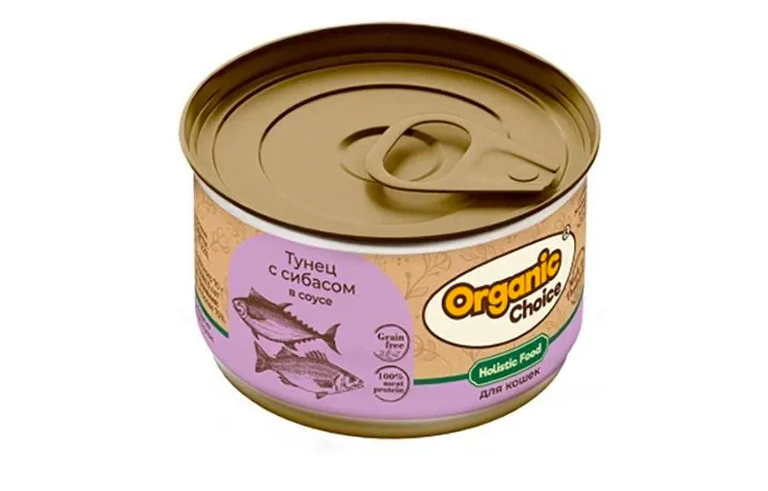 

Консервы для кошек Organic Сhoice Grain Free тунец с сибасом в соусе 3 шт по 70 г, полезный рацион