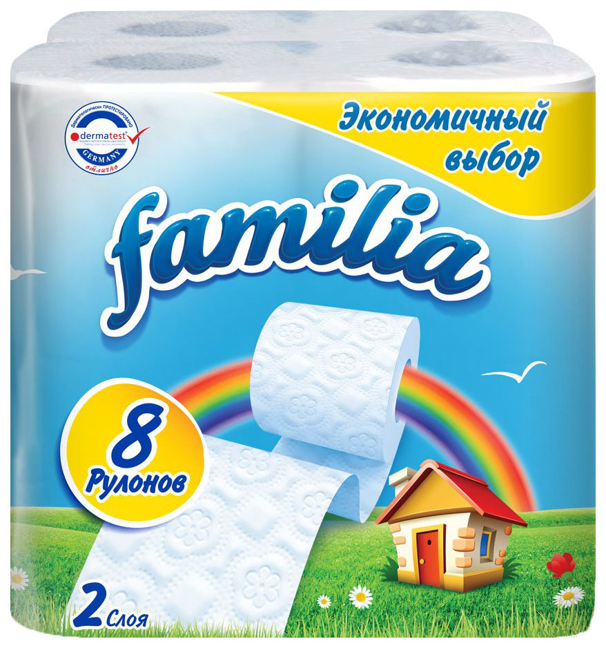 Туалетная бумага Familia белая (2 слоя) 8 шт Радуга бумага упаковочная 200х70 см с декоративным рисунком микс y4 4985
