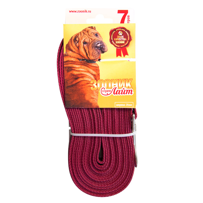 фото Поводок для собак зооник лайт, капроновый с латексной нитью, красный, 7м, 20мм