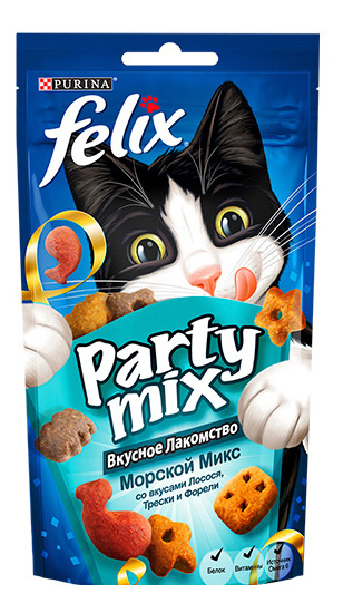 фото Лакомство для кошек felix party mix морской микс фигурки, лосось, треска, форель, 60 г