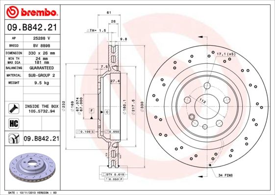 

Тормозной диск brembo 09.B842.21