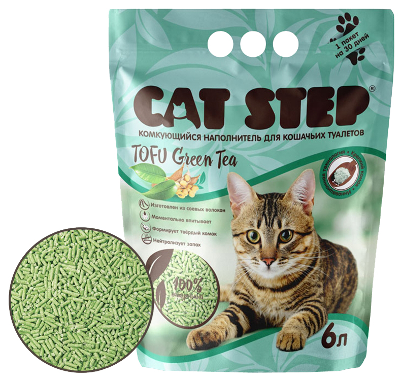 фото Комкующийся наполнитель для кошек cat step tofu соевый, светло-зеленый, 1.16 кг, 6 л