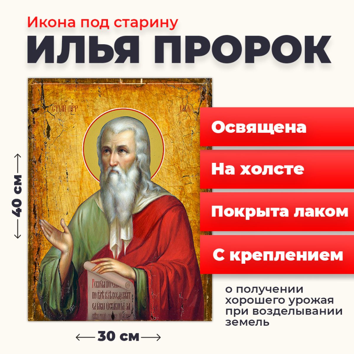 

Освященная икона под старину на холсте "Илья Пророк, 30*40 см, Популярные_святые