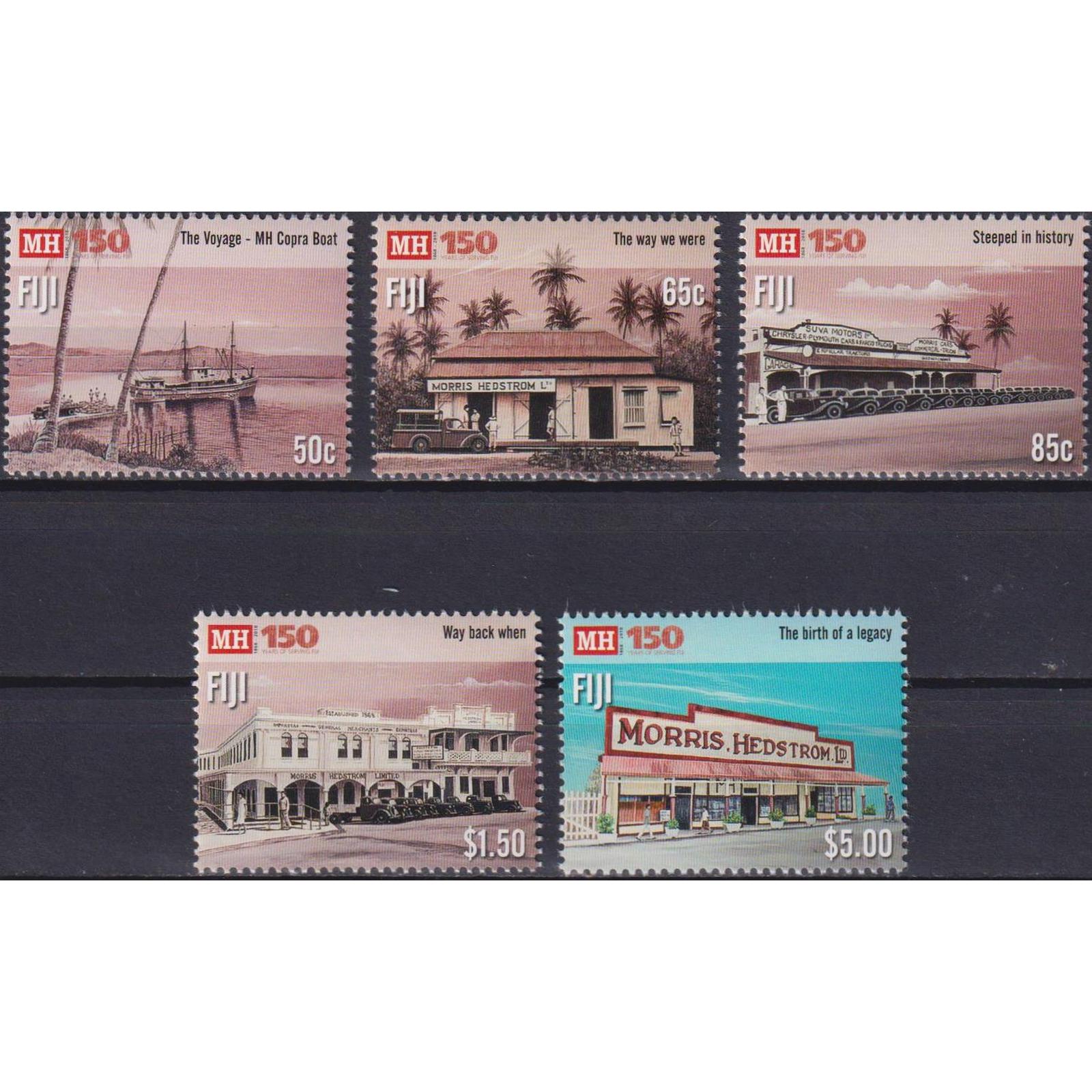 

Почтовые марки Фиджи 150-летие Моррис Хедстром Ltd. Архитектура, Экономика, Торговля
