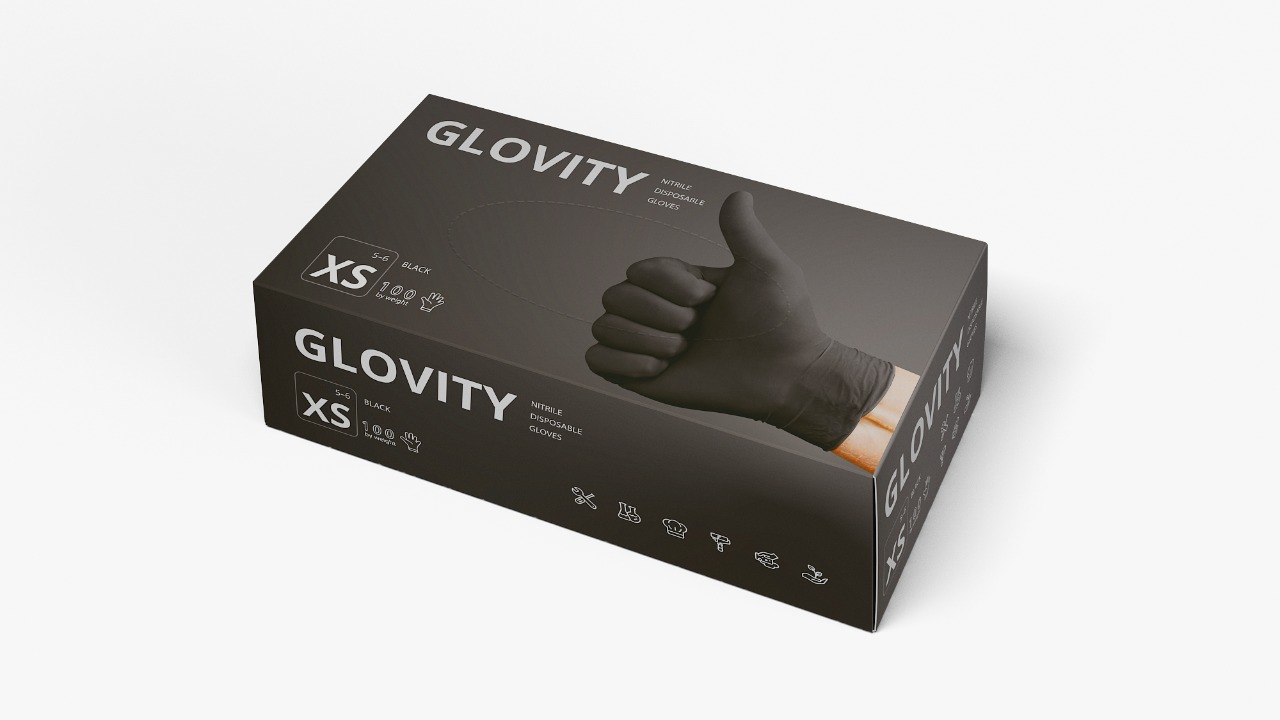 Одноразовые нитриловые перчатки Glovity, неопудренные, нестерильные, черного цвета,XS
