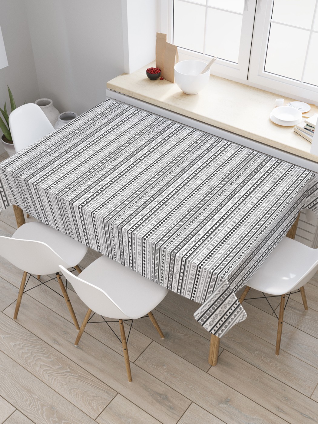 

Скатерть прямоугольная JoyArty "Геометрический этнос монохром" из оксфорда, 120x145 см, Белый, Геометрический этнос монохром