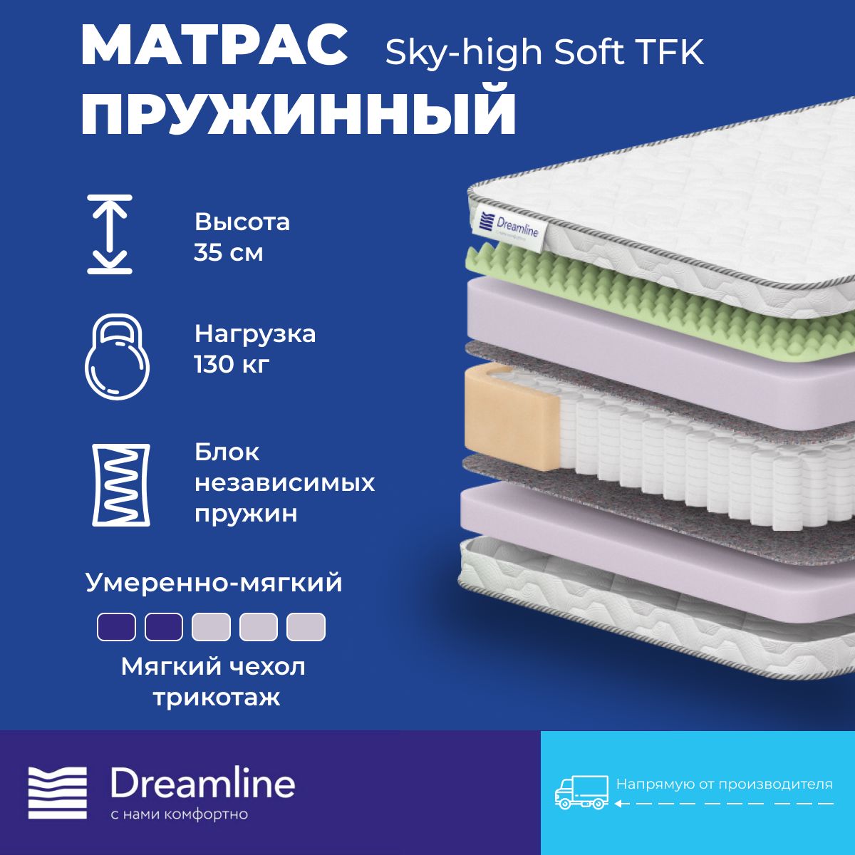 

Матрас Dreamline Sky-high Soft TFK независимые пружины 90x150 см, Белый, Sky-high Soft TFK