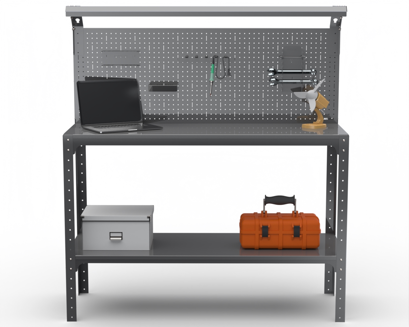 

Стол-верстак Metalex 205372 KIT 950х1300х400 1 полка + 1 панель + освещение, серый