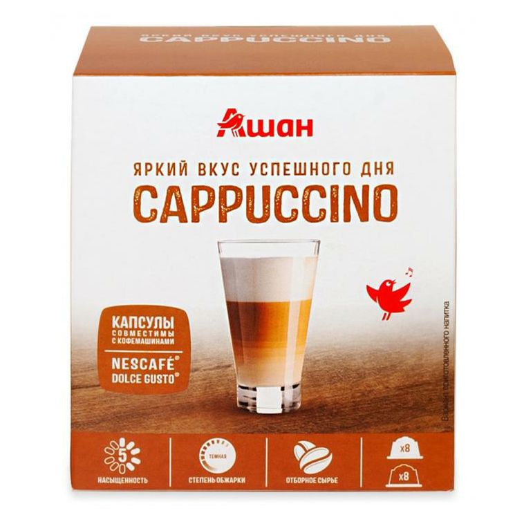 Кофе в капсулах АШАН Красная птица CAPPUCCHINO, 16 шт