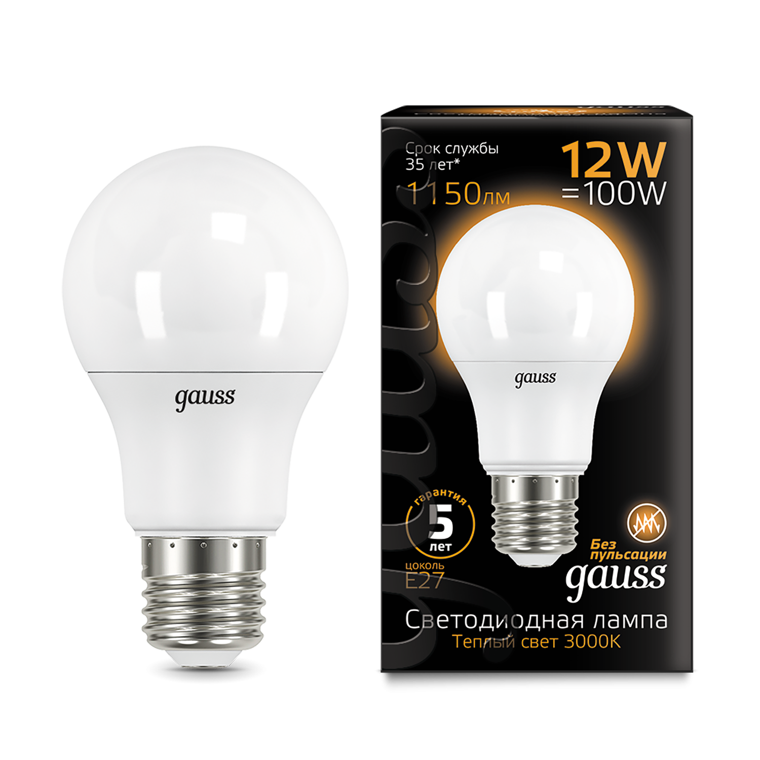 

Лампа светодиодная Gauss A60-12W-1150lm-3000K-E27, LED A60 globe