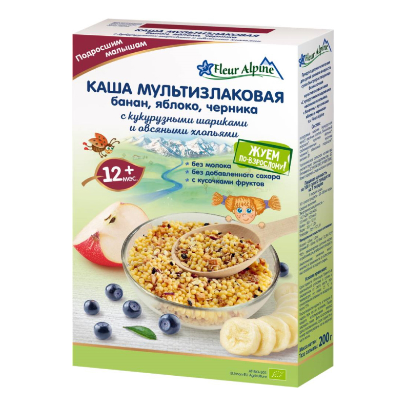 

Каша Fleur Alpine мультизлаковая с бананом, с яблоком и черникой безмолочная с 12 м 200 г