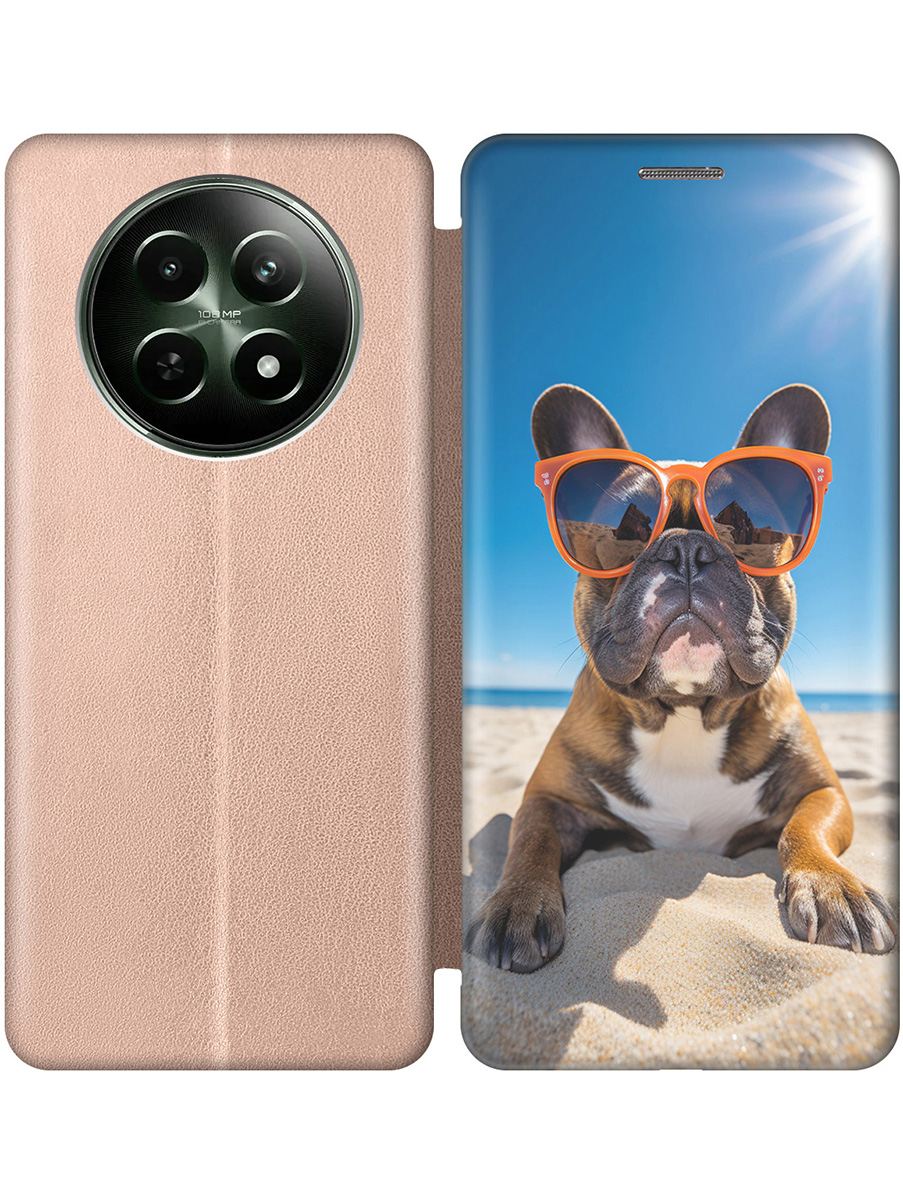 

Чехол-книжка на Realme 12 5g с принтом "Бульдог на пляже" золотой, Золотистый;желтый;синий, 783982612
