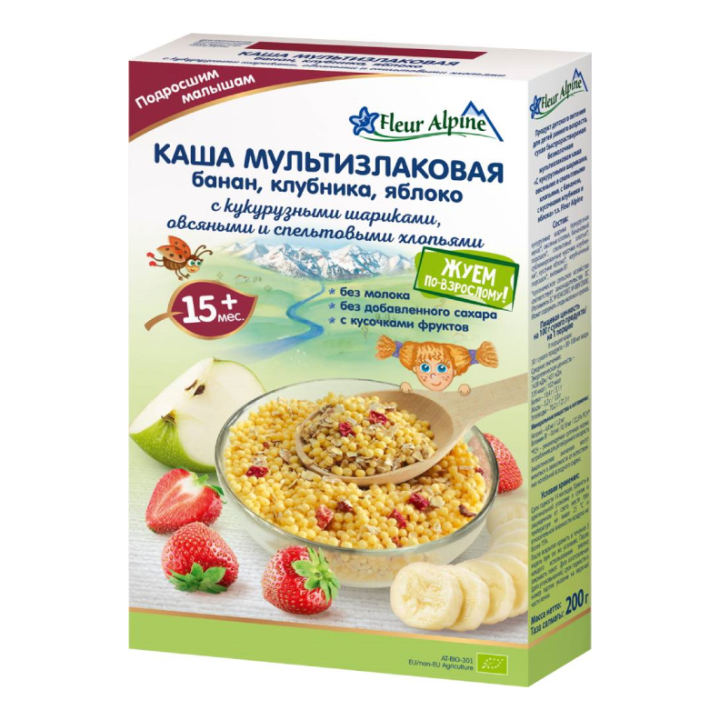 

Каша Fleur Alpine мультизлаковая с бананом, с клубникой и яблоком безмолочная с 15 м 200г