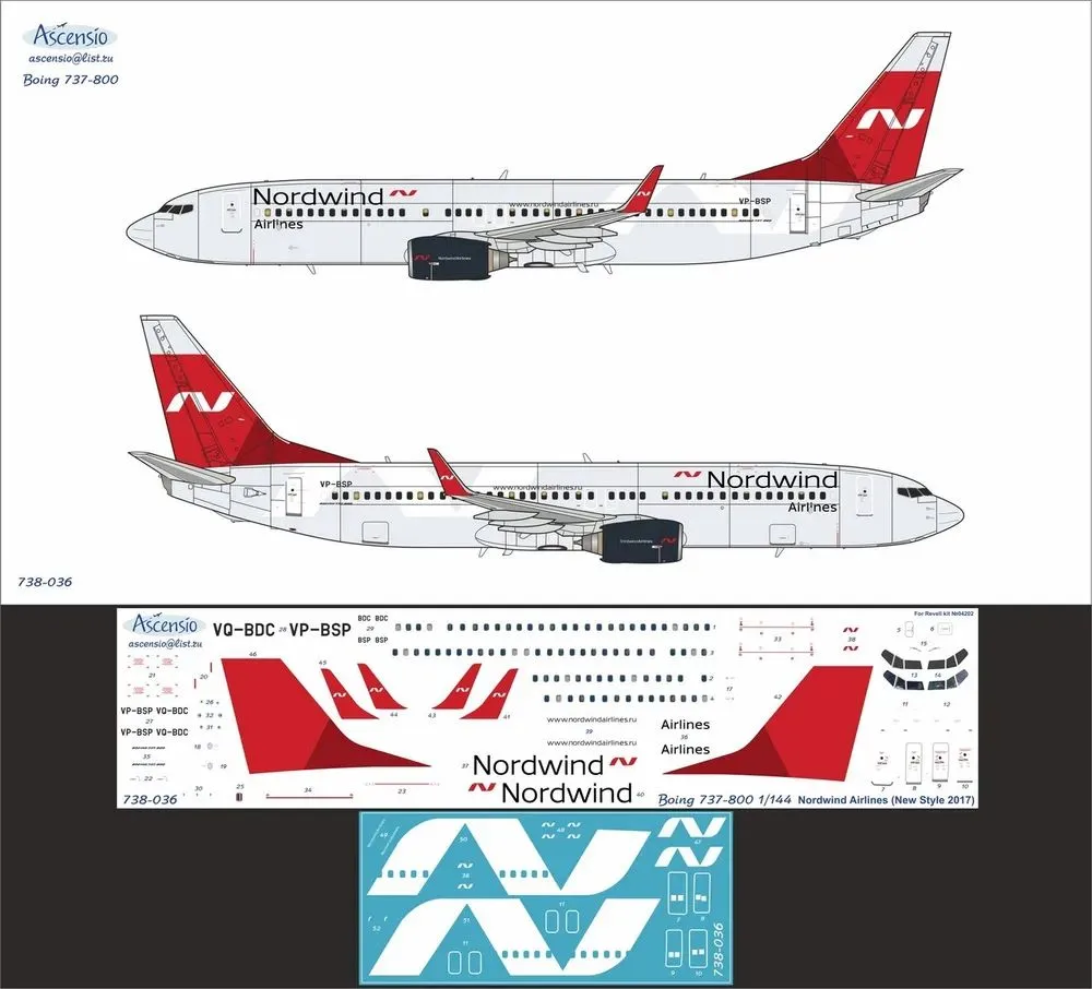 738-036 Декаль для самолета Boeing 737-800 Nordwind Airlines new 1/144