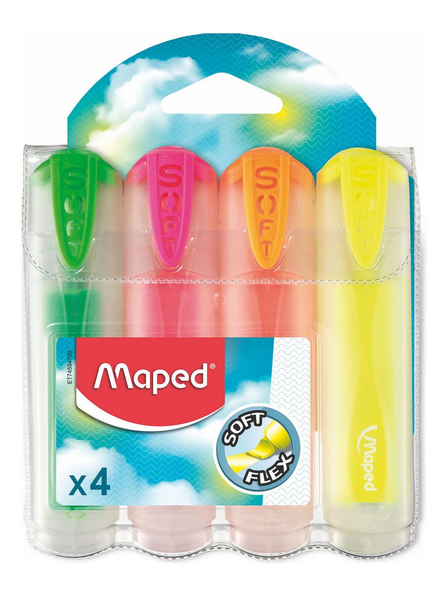 Текстовыделитель с гибким наконечником MAPED Fluo Pep's Soft Translucent, 4 цвета