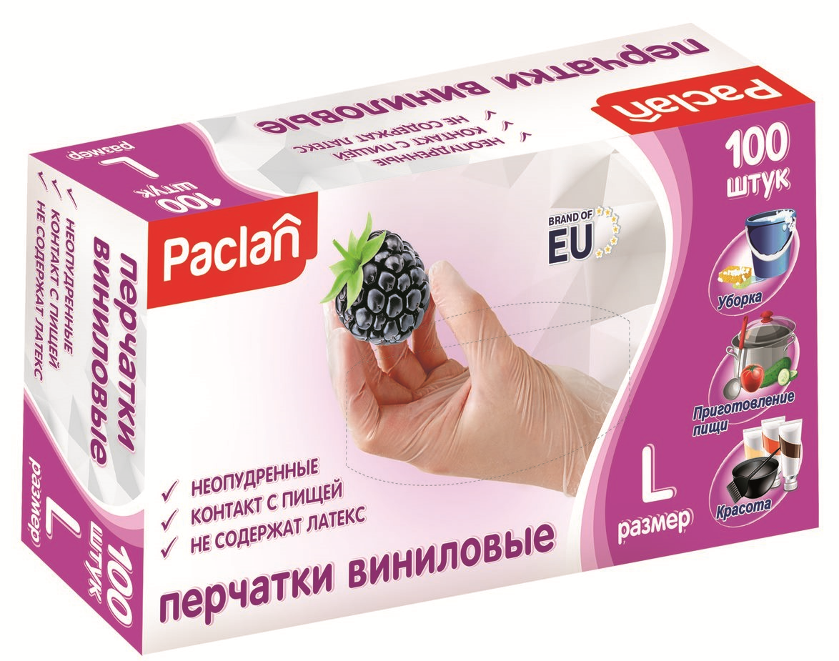 

Перчатки виниловые Paclan прозрачные р. L 100 шт.