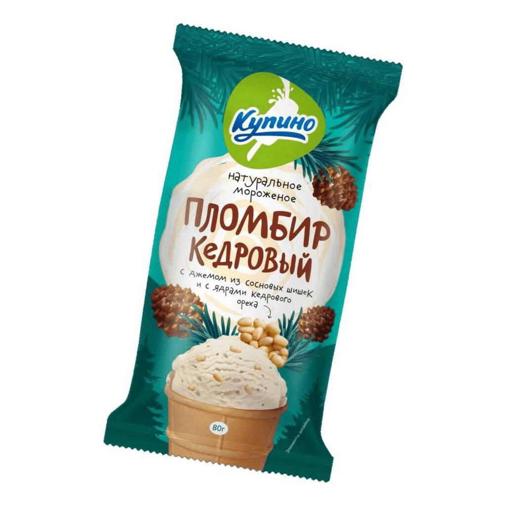 

Мороженое пломбир Купино с джемом из сосновых шишек с ядрами кедрового ореха 12% БЗМЖ 80 г