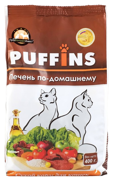 Сухой корм для кошек Puffins печень по-домашнему, 400 г, 2 шт