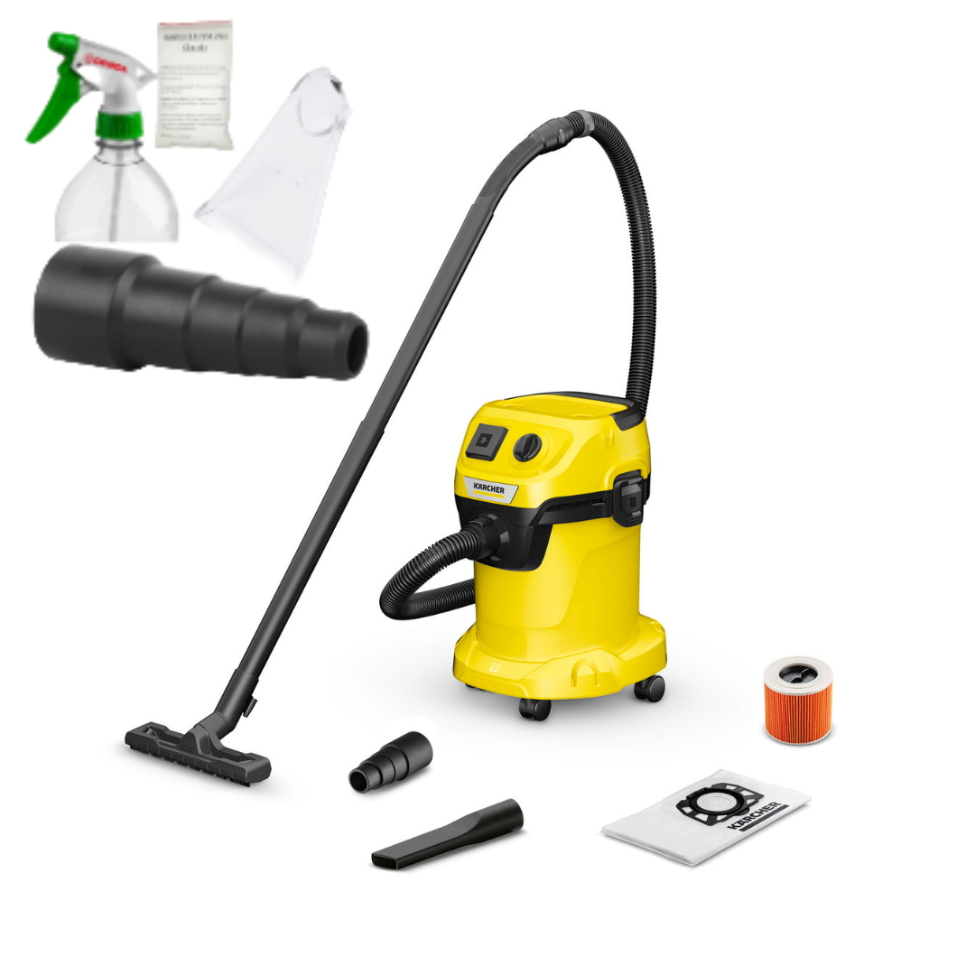 Пылесос с розеткой Karcher WD 3 P V-17/4/20+набор для химчисти, узкая насадка, переходник