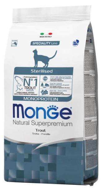 фото Сухой корм для кошек monge monoprotein sterilised trout, для стерилизованных, форель,1,5кг