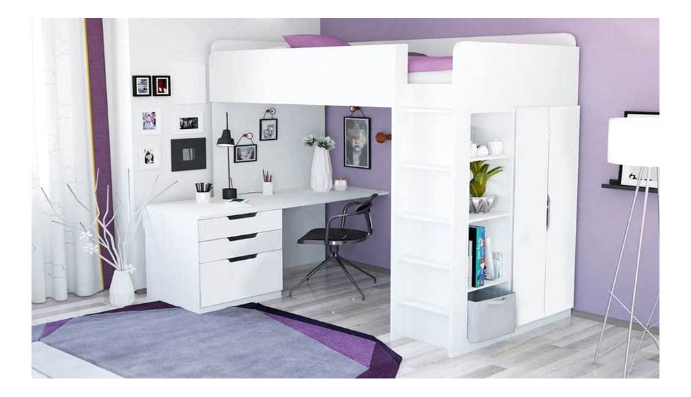 Кровать-чердак Polini Simple с письменным столом и шкафом, белый
