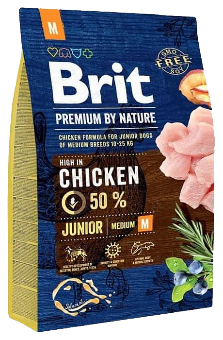 Сухой корм для щенков Brit Premium By Nature Junior M, для средних пород, курица, 3кг