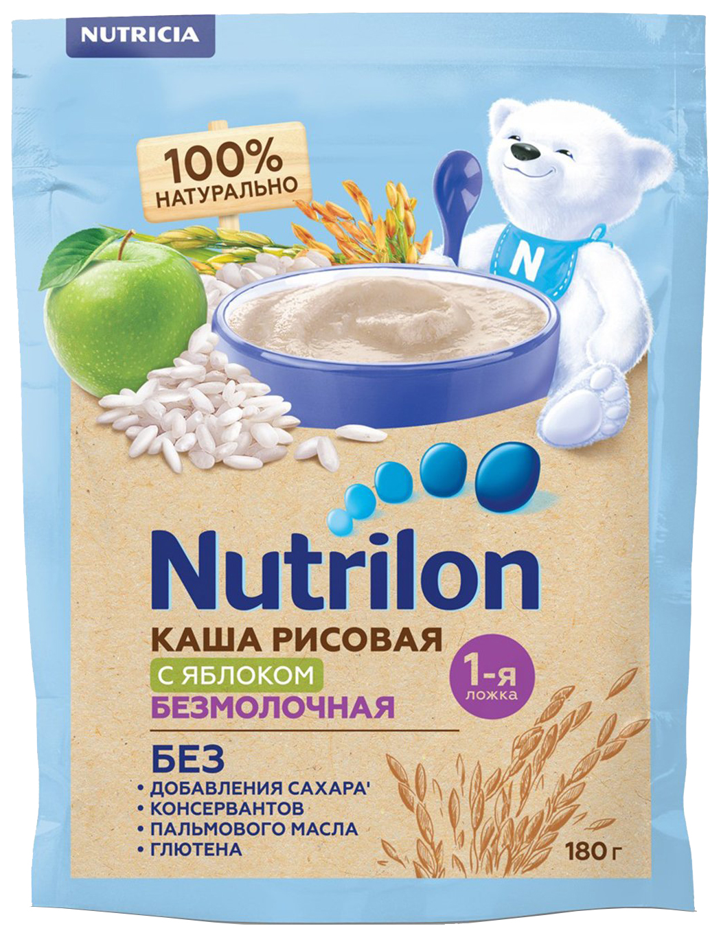 фото Каша безмолочная nutrilon рисовая с яблоком с 4 мес. 180 г