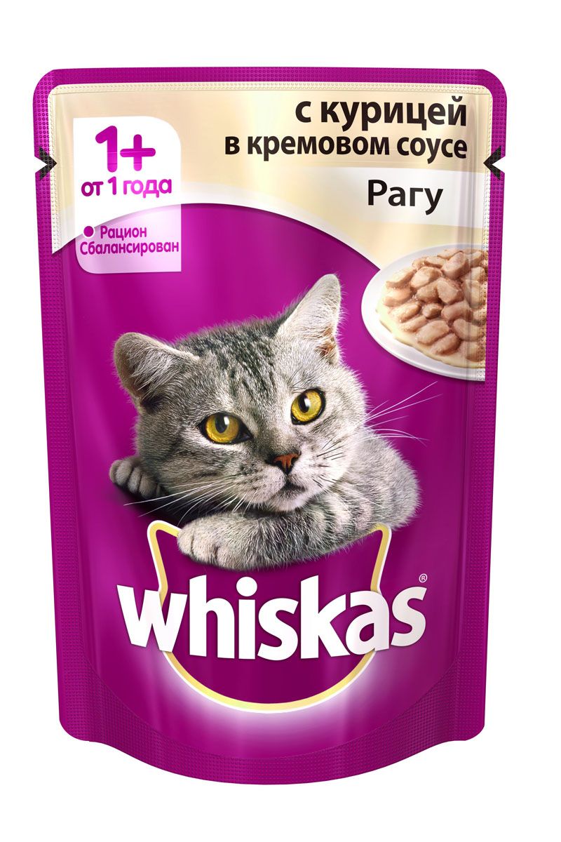 фото Влажный корм для кошек whiskas, рагу с курицей в кремовом соусе, 85г