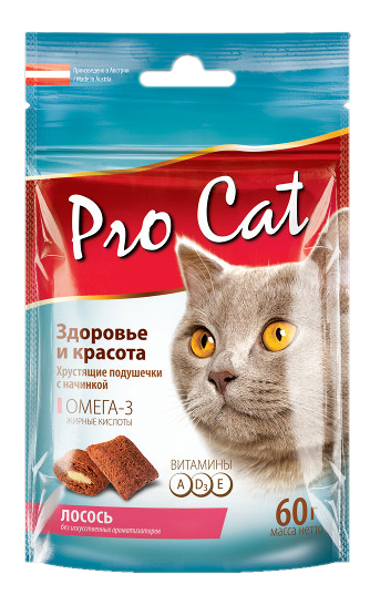 Лакомство для кошек Pro Cat Здоровье и красота подушечки, лосось, 60 г