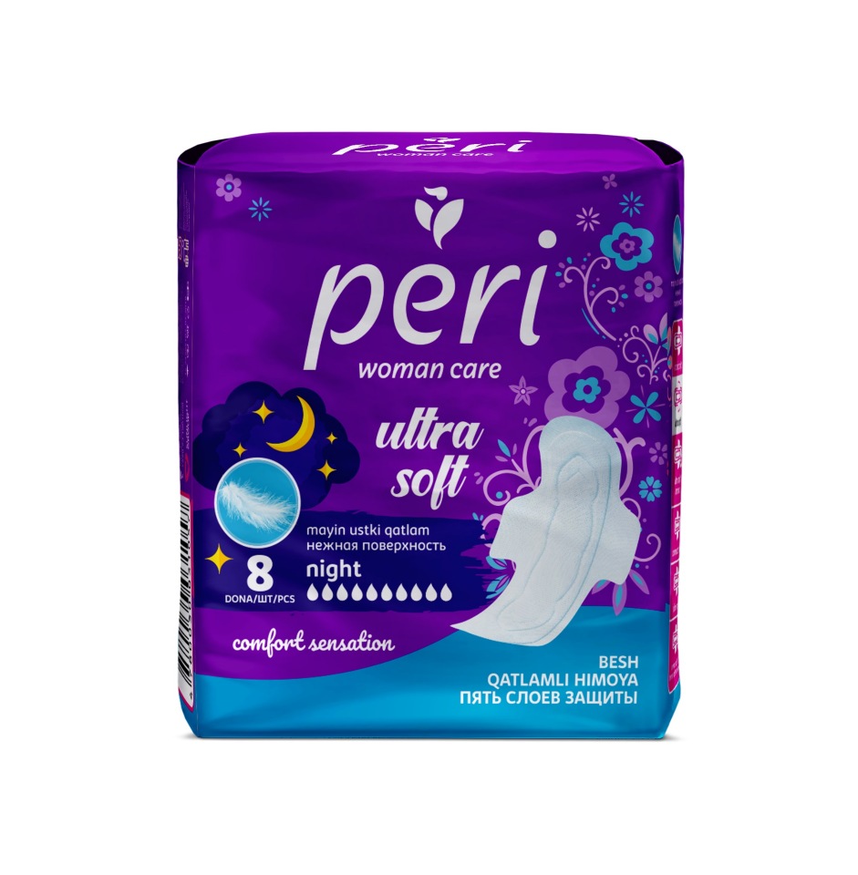 

Женские гигиенические прокладки Peri Ultra Night 8 шт, Белый