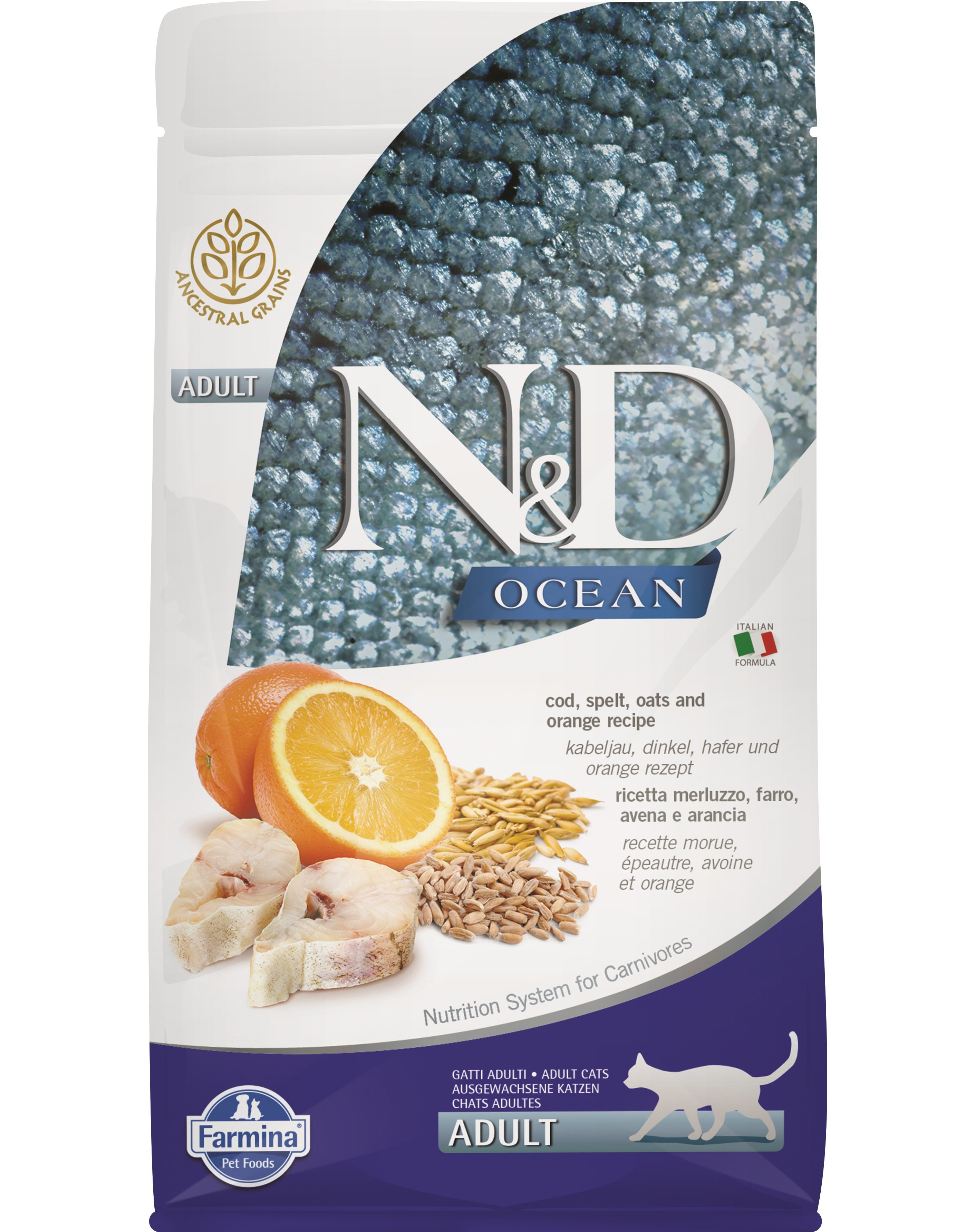 Сухой корм для кошек Farmina N&D Ocean Adult, треска, овес, спельта, апельсин, 0,3кг
