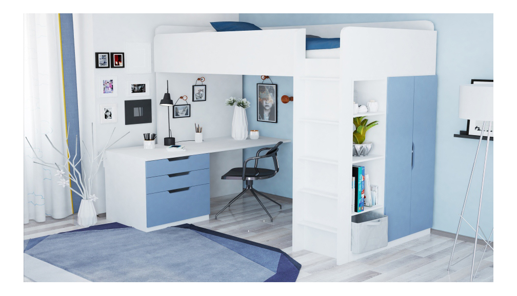 фото Кровать-чердак polini simple с письменным столом и шкафом, белый-синий