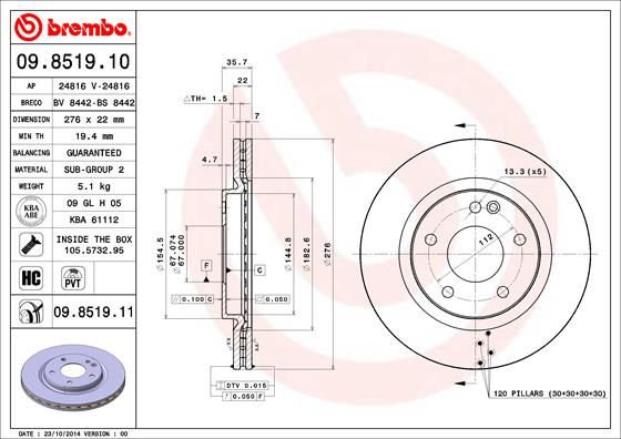 

Тормозной диск brembo 09.8519.11