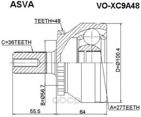 

ШРУС наружн [A:36, B:27, D:56.5mm, ABS:48] Volvo: XC90 03> PATRON PCV3031