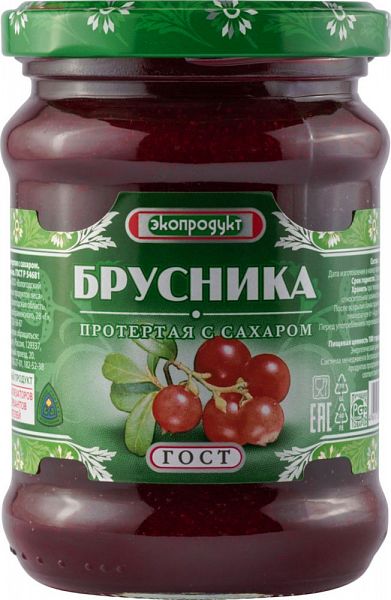 Брусника Экопродукт протертая с сахаром 320 г