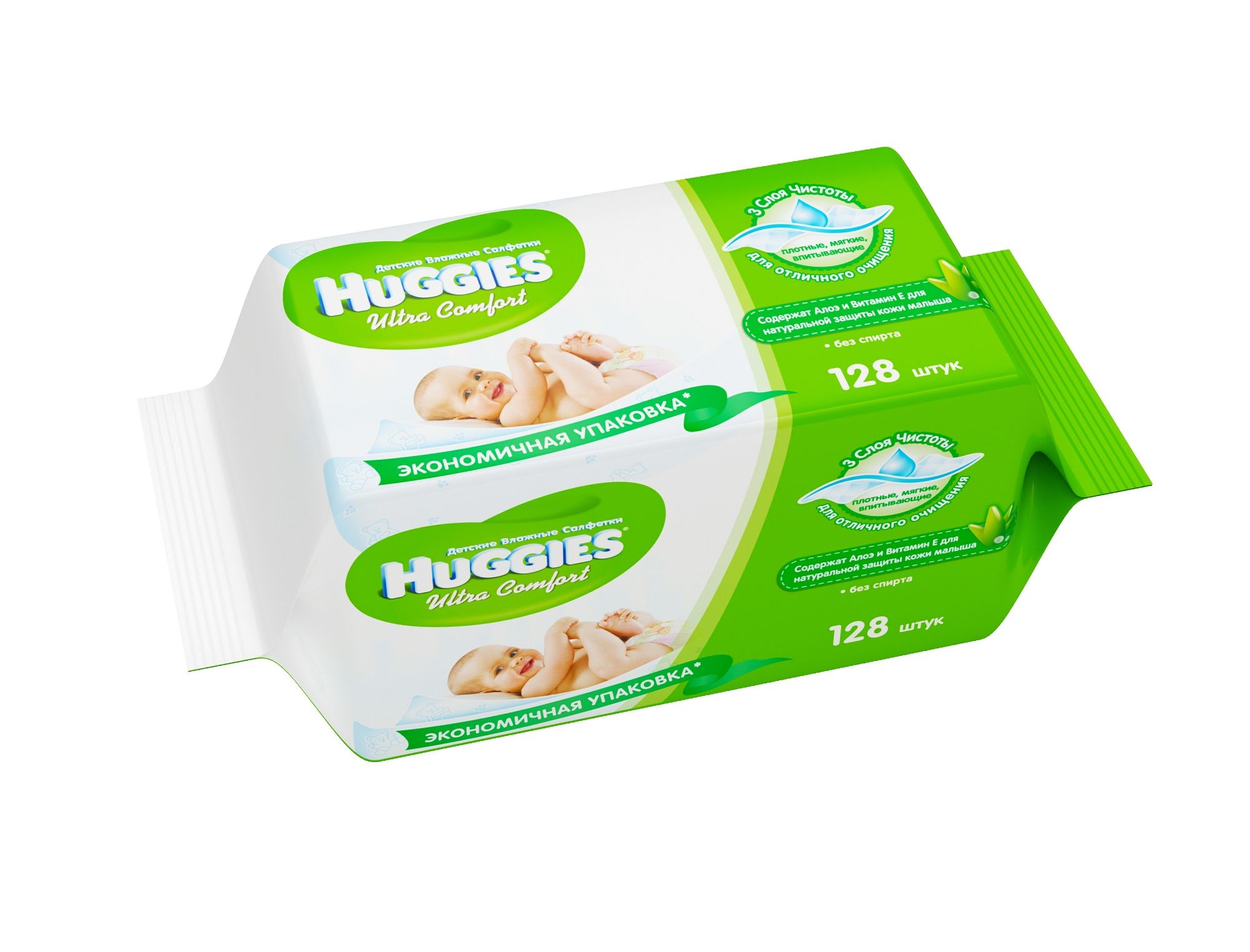 Салфетки влажные HUGGIES Ultra Comfort+ALOE сменный блок 2Х64 шт.