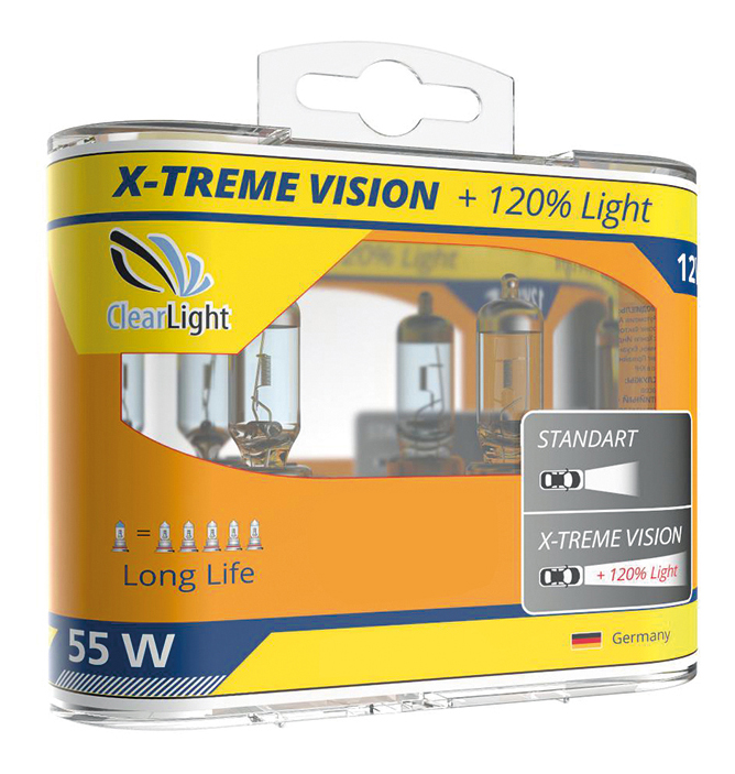 

Лампа галогенная автомобильная Clearlight 55W X-treme Vision +120% Light 2 шт (MLH11XTV), лампа галогенная автомобильная 12V-55W X-treme Vision +120% Light 2 шт (MLH11XTV)