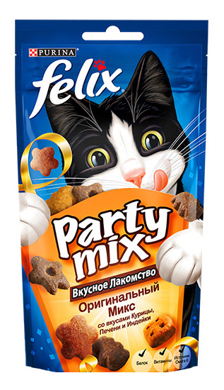 фото Лакомство для кошек felix party mix оригинал микс, курица, печень, индейка 60 г