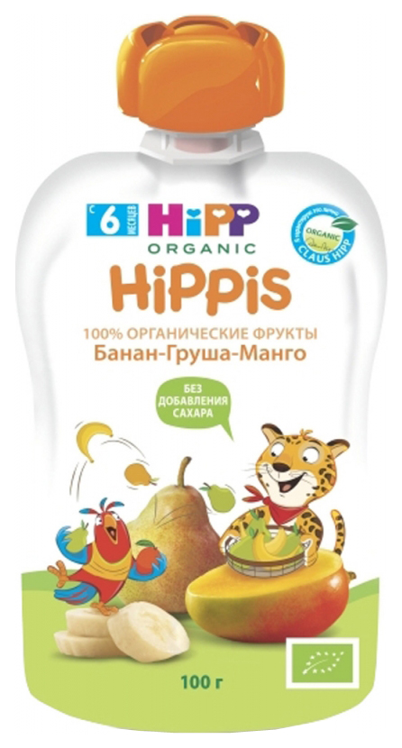 

Пюре фруктовое HiPP Hippis Банан-груша-манго с 6 мес. 100 г, 1 шт., Банан, груша, манго пауч