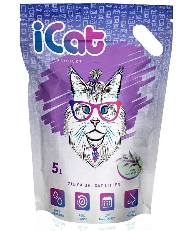 Впитывающий наполнитель для кошек iCAT силикагелевый, лаванда, 2.1 кг, 5 л