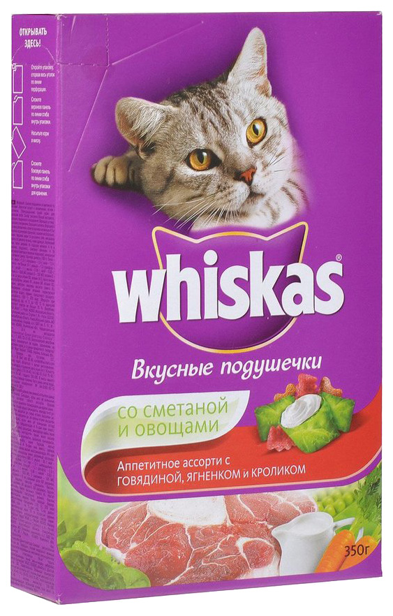 Сухой корм для кошек Whiskas, подушечки с паштетом, ассорти с говядиной и кроликом, 0,35кг