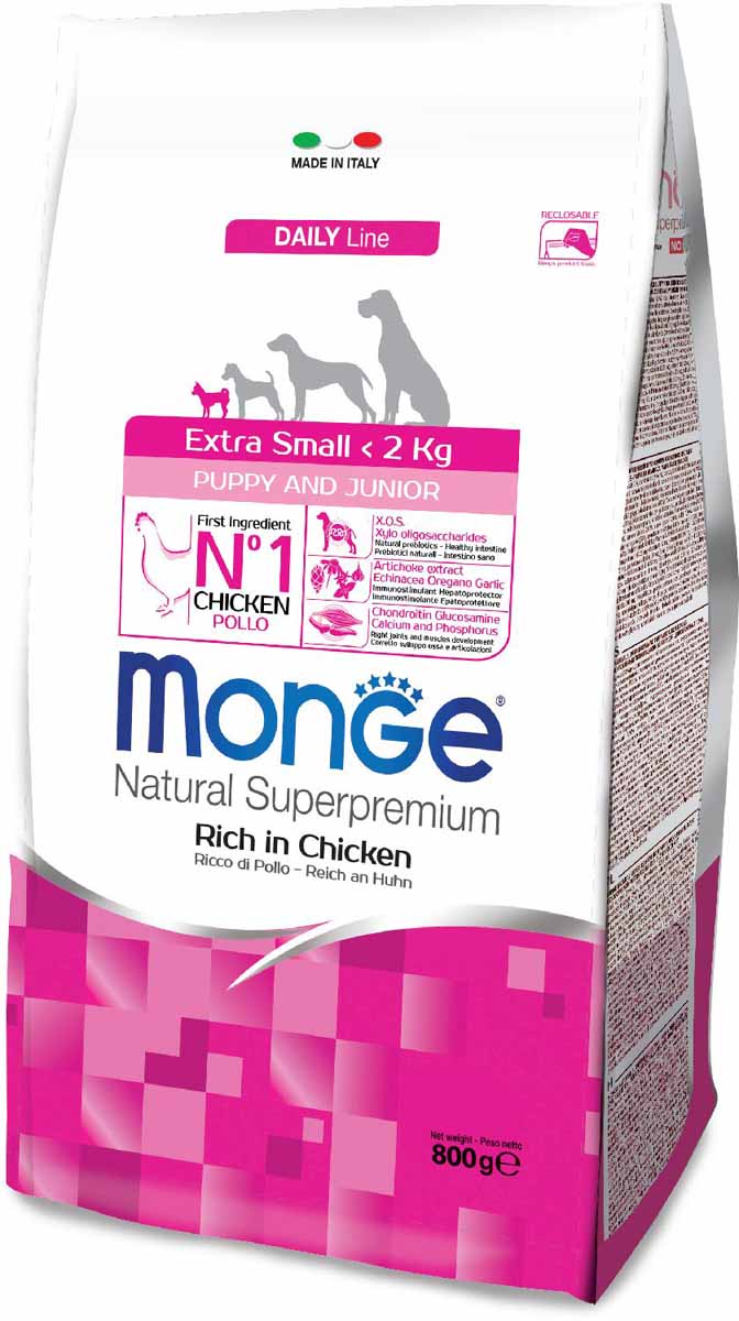 

Сухой корм для щенков Monge Extra Small Puppy&Junior, миниатюрных пород, курица, 0,8кг, Extra Small Puppy&Junior