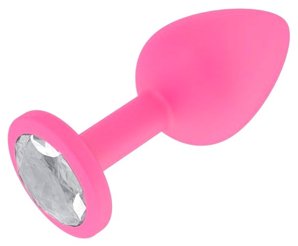 Розовая силиконовая анальная пробка с прозрачным стразом 8,2 см